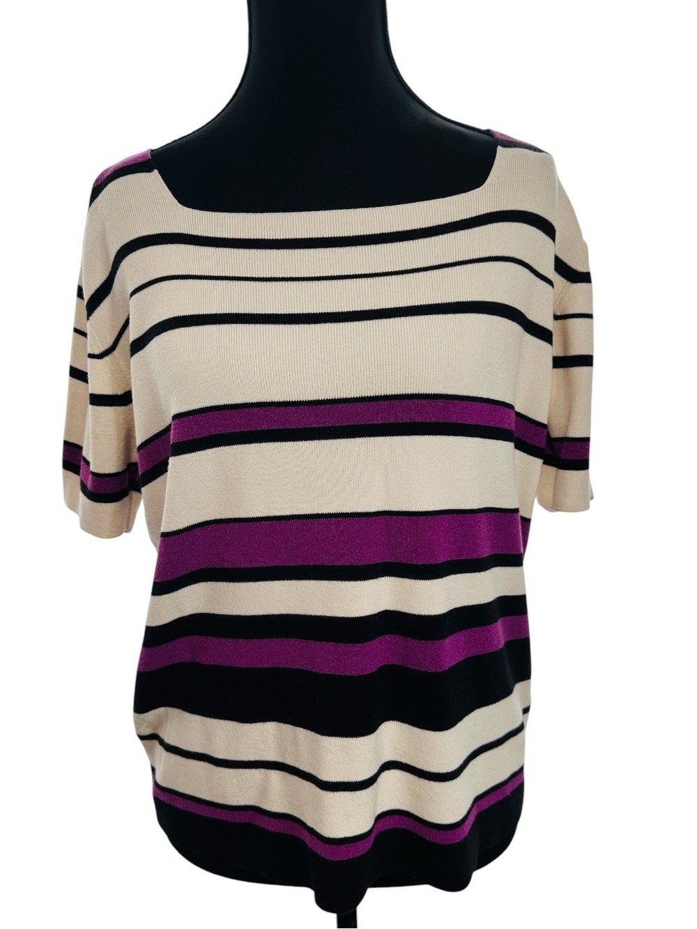 Nygard Petite Striped Boatneck Knit Top in White, Black & Purple